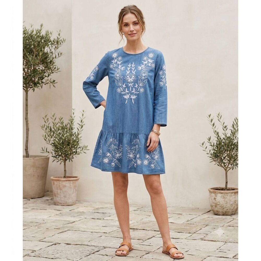 Chic Connection Chambray Embroidered Tunic Dress Blue Boho Peasant Medium